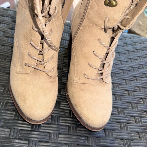 Tan High Heel Ankle Boots Booties Suede Fur Trim Women Size 7 - Picture 5 of 11